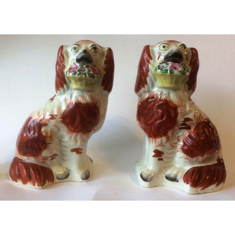 Staffordshire Pottery Spaniels with Flower Baskets