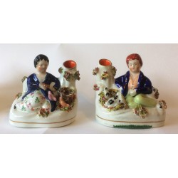 Staffordshire Pottery Pair Boy with Rabbits, Girl with Birds