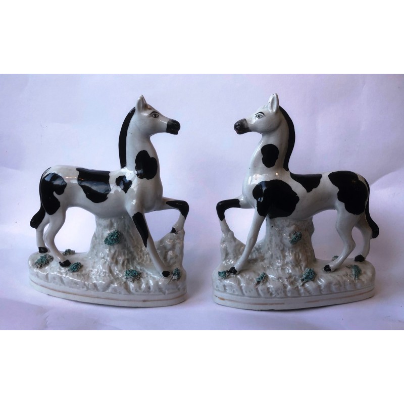 Staffordshire Pottery Zebras decorated as Ponies. Pair