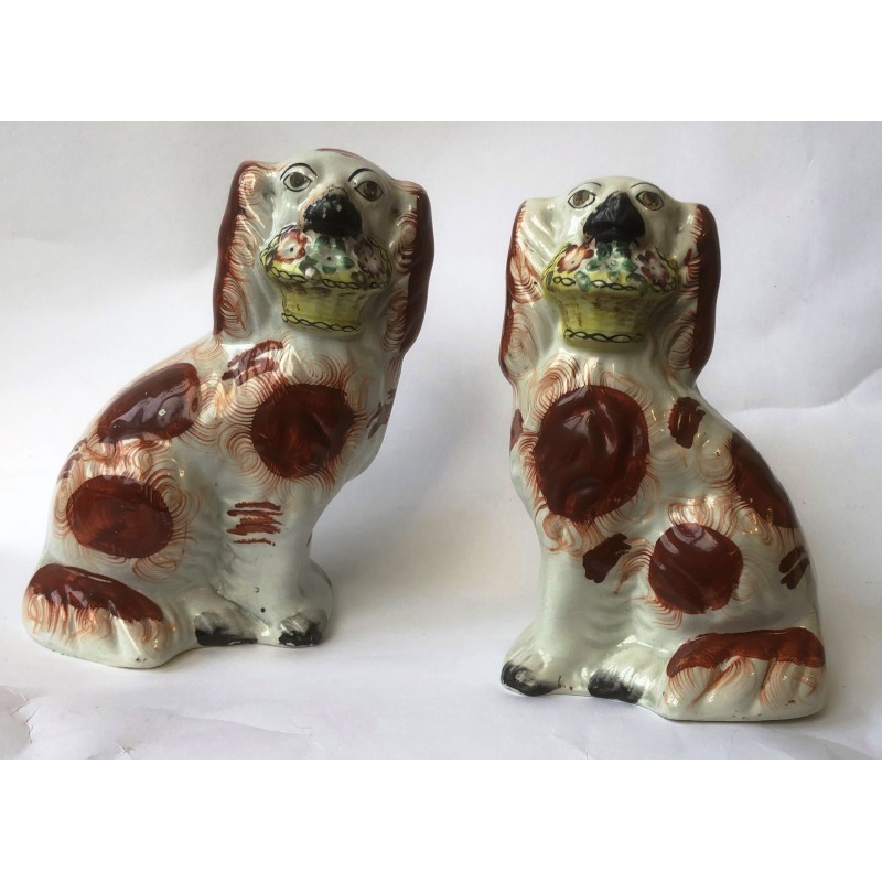 Staffordshire Pottery Spaniels with Flower Baskets