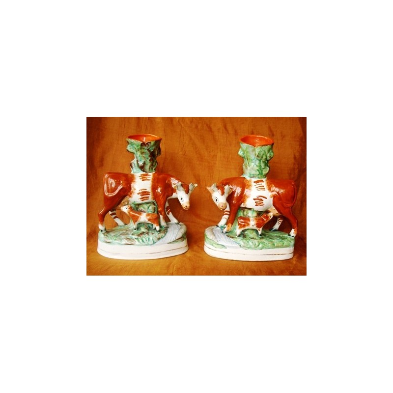 Pair cow and calf spill vases